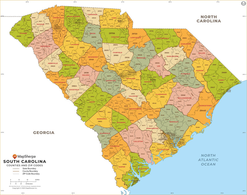 South Carolina Zip Code Map With Counties American Map Store 9995