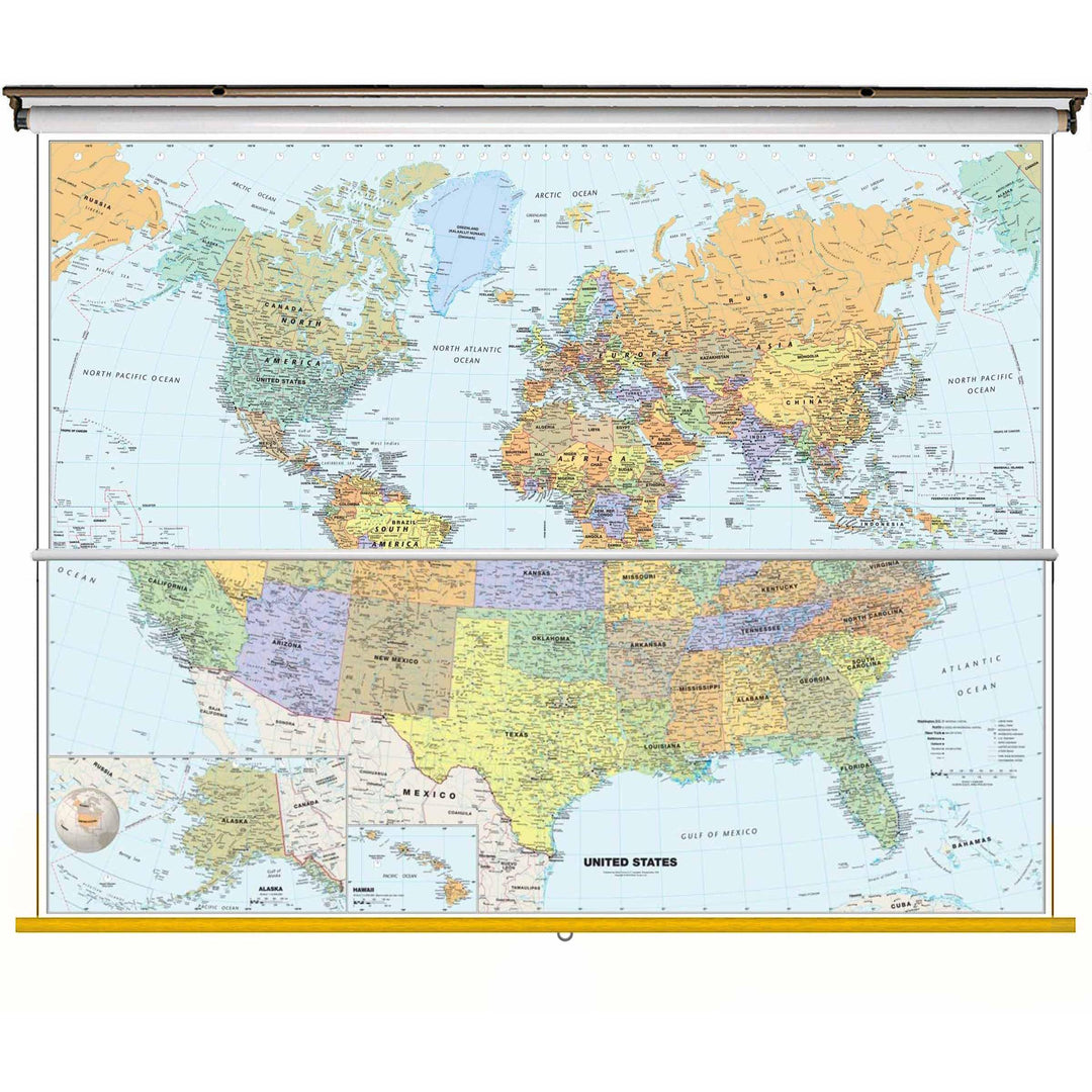 United States & World Map high quality pull down 5ft teaching