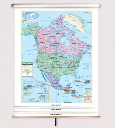 3-Map Western Hemisphere Spring Roller Pulldown Set - Primary Level, by Kappa Map Group