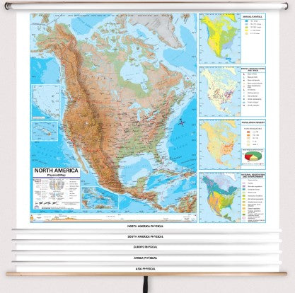 5-Map Physical Continent Spring Roller Pull Down Set - Advanced Level, by Kappa Map Group