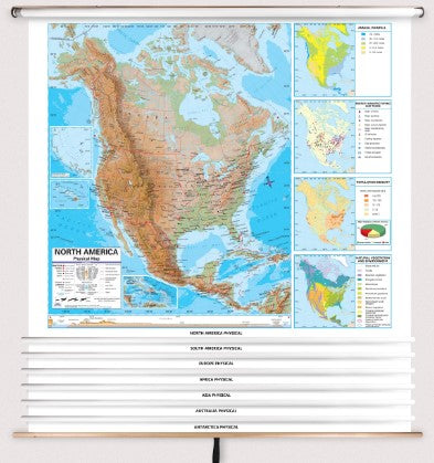 7-Map Physical Continent Spring Roller Pull Down Set - Advanced Level, by Kappa Map Group