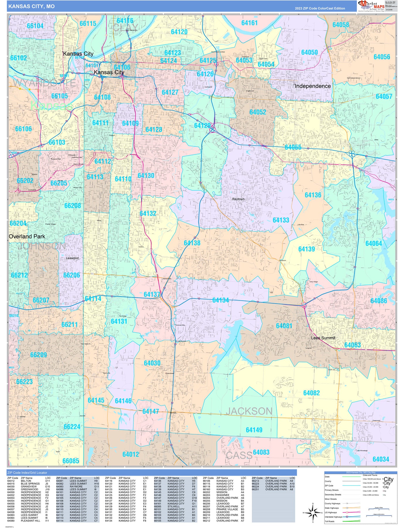 Colorcast Zip Code Style Wall Map of Kansas City, KS by Market 