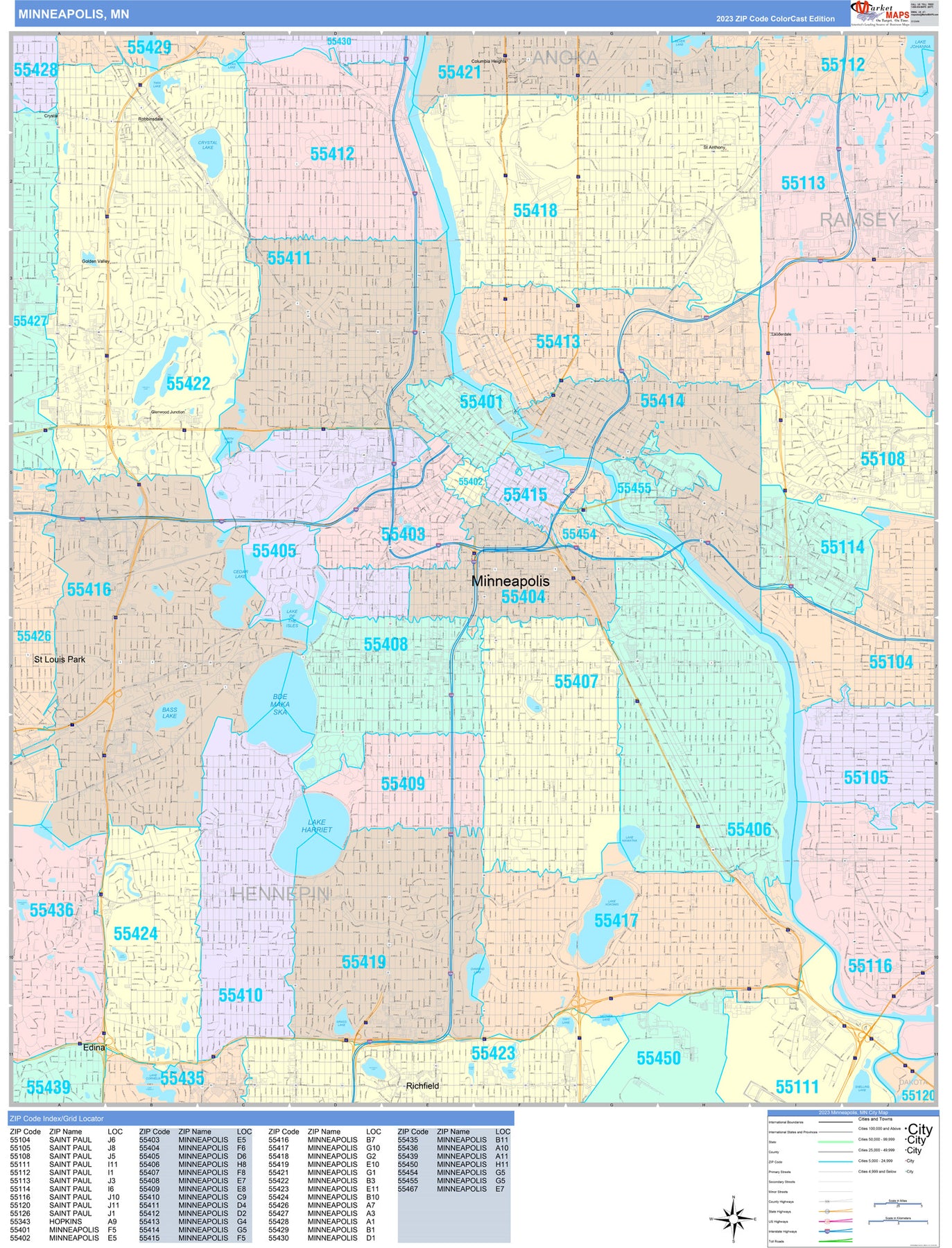 Colorcast Zip Code Style Wall Map of Minneapolis, MN. by Market 