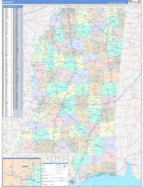 Color Cast Style Wall Map of Mississippi by Market Maps