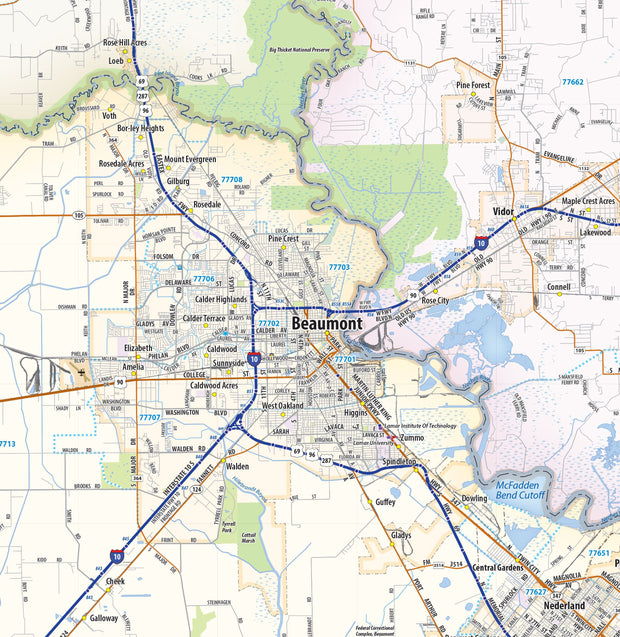 Beaumont, Port Arthur and Lake Charles Area Wall Map