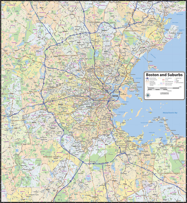 Boston and Suburbs Wall Map