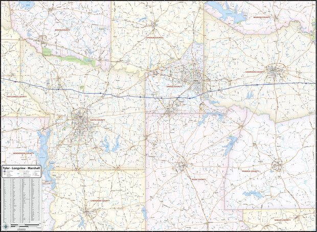 Tyler, Longview & Marshall Tx. Wall Map