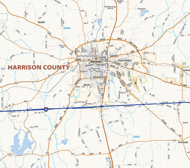 Tyler, Longview & Marshall Tx. Wall Map