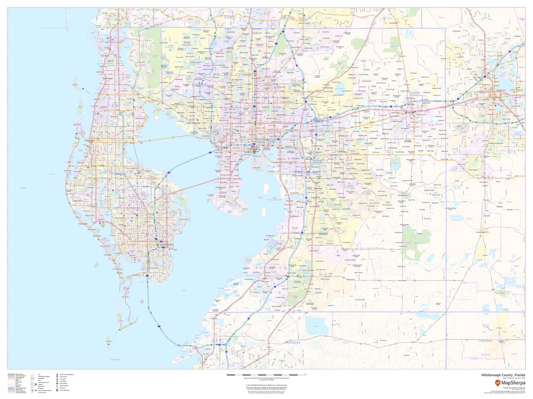 Hillsborough County, FL Zip Code Wall Map Basic Style by MarketMAPS -  MapSales