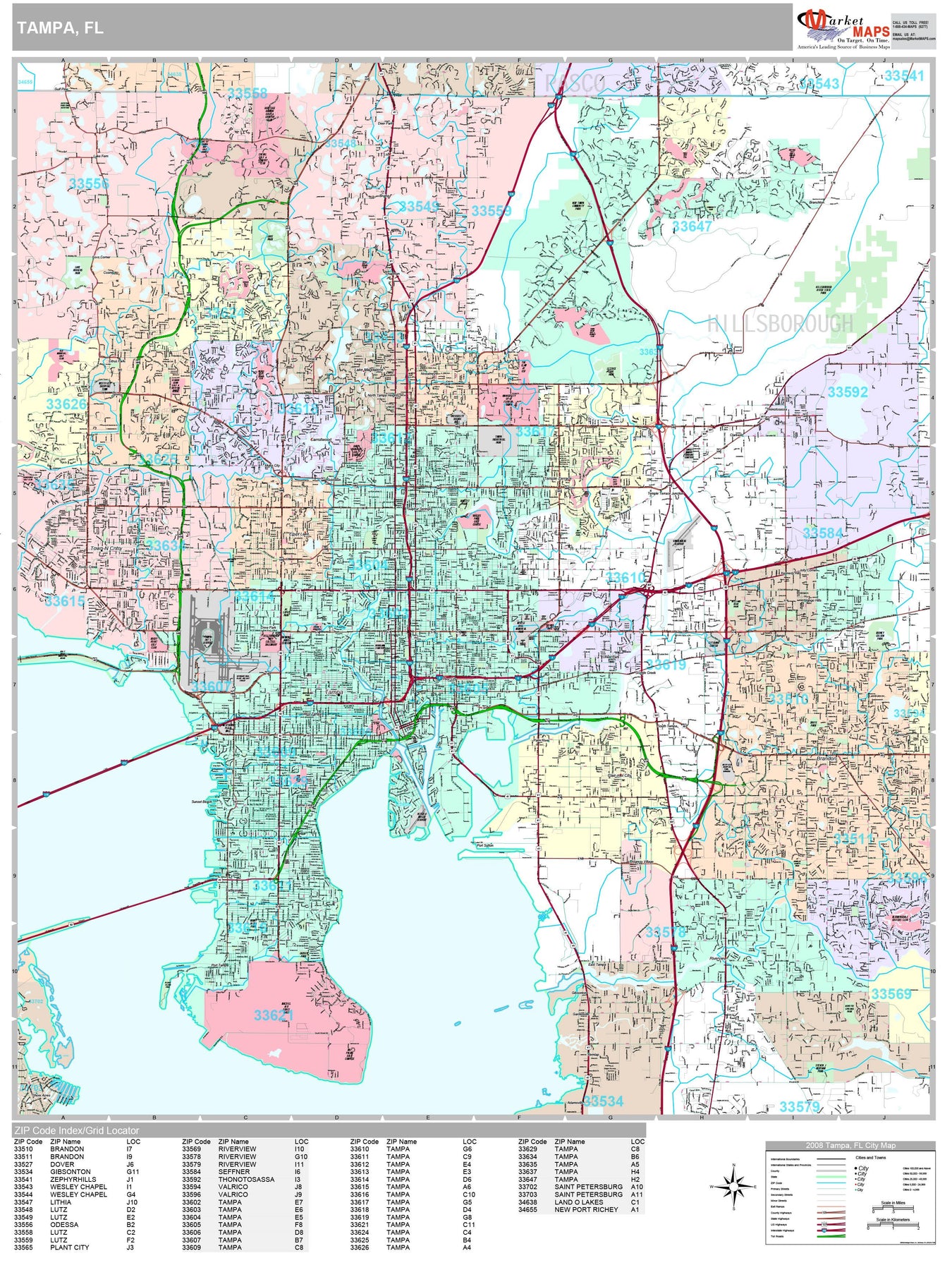 Hillsborough County, FL Zip Code Wall Map Basic Style by MarketMAPS -  MapSales