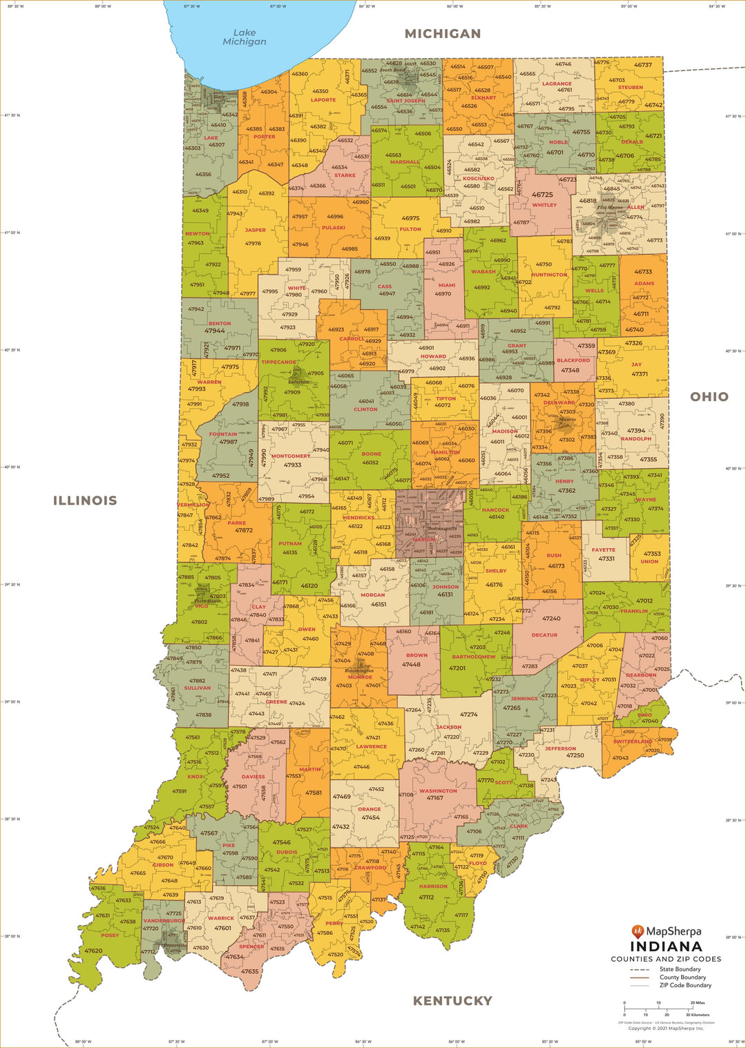 Indiana Zip Code Map with Counties – American Map Store