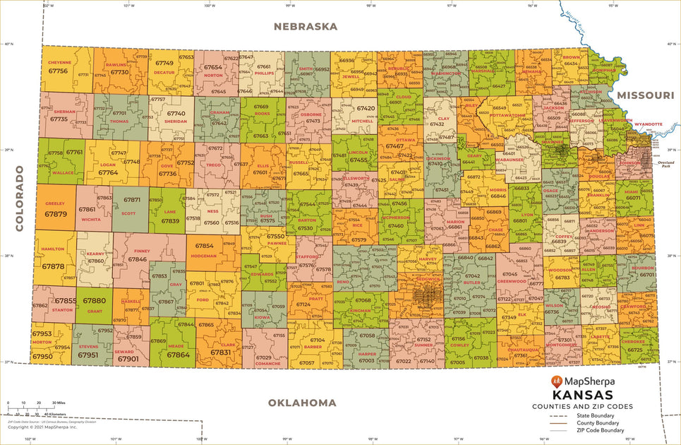 Kansas Zip Code Map with Counties – American Map Store