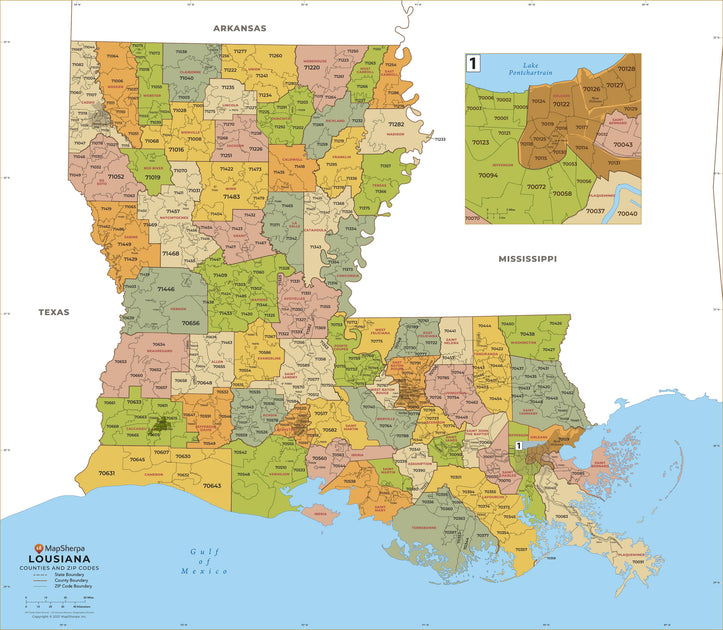 Lousiana Zip Code Map with Parishes (Counties) – American Map Store