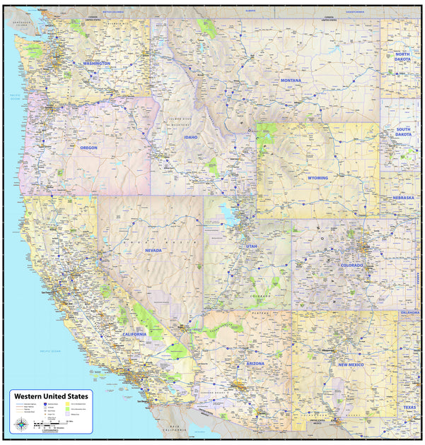 Western US Wall Map with Shaded Relief – American Map Store