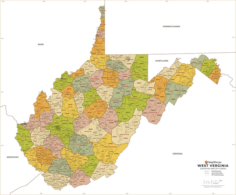 West Virginia Zip Code Map with Counties – American Map Store